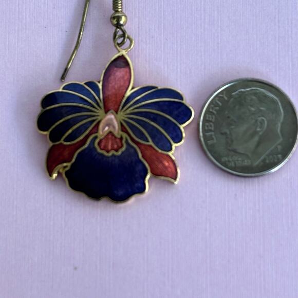 VINTAGE Cloisonné Enamel Floral Dangle Earrings - Picture 3 of 5